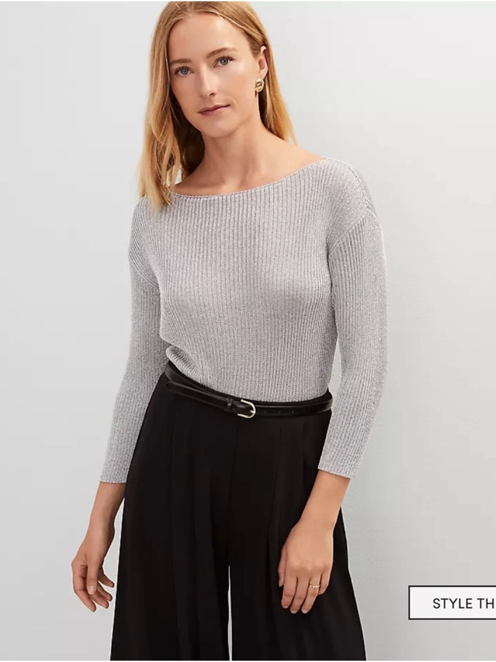 Ann Taylor Silver Metallic Ribbed Sweater Women’s M Crewneck Long Sleeve NWT